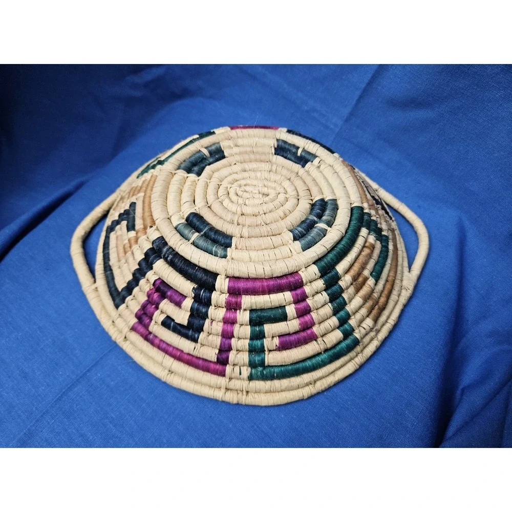 Southwestern Handwoven Coil Boho Basket Bowl Geometric Colorful Handles 13